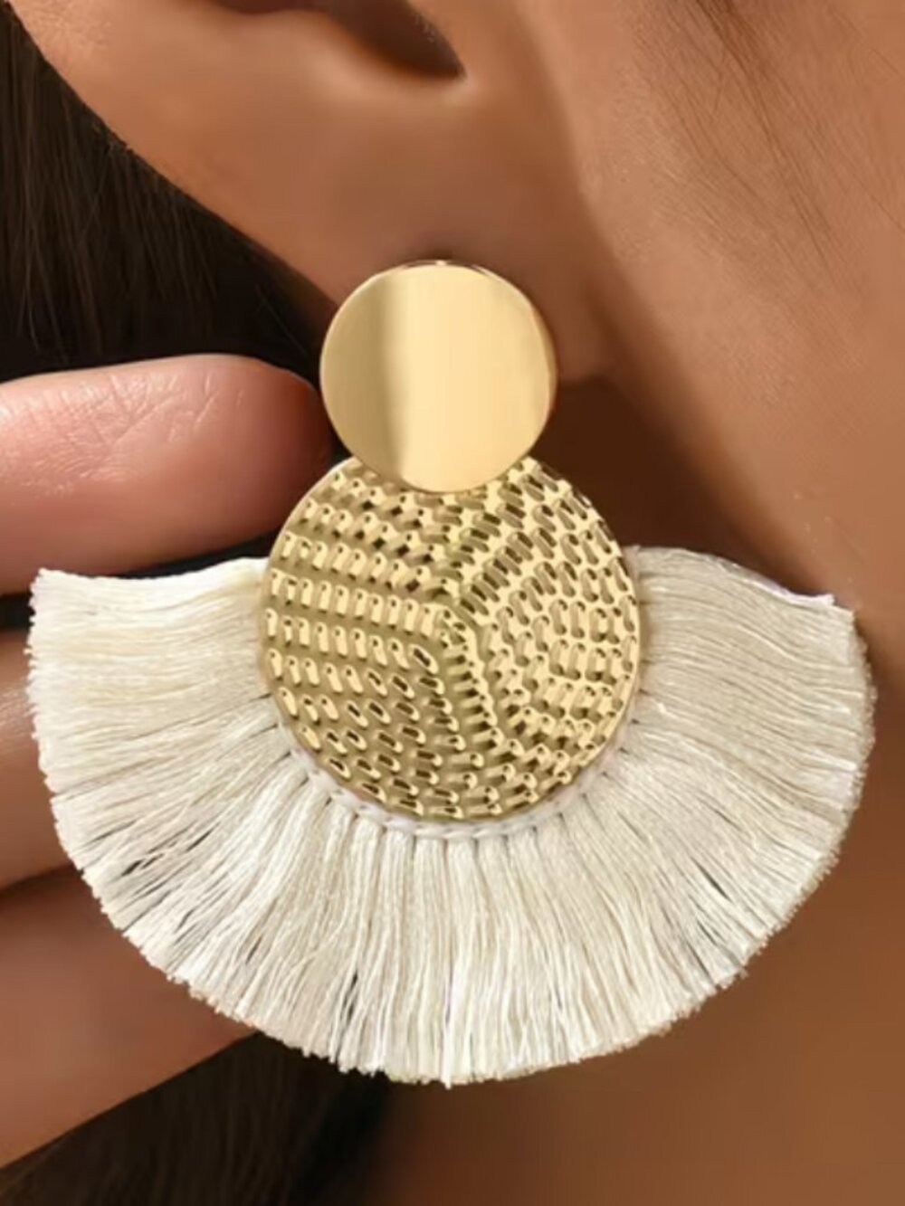 WHITE FAN AND GOLD EARRINGS ON POST BACK